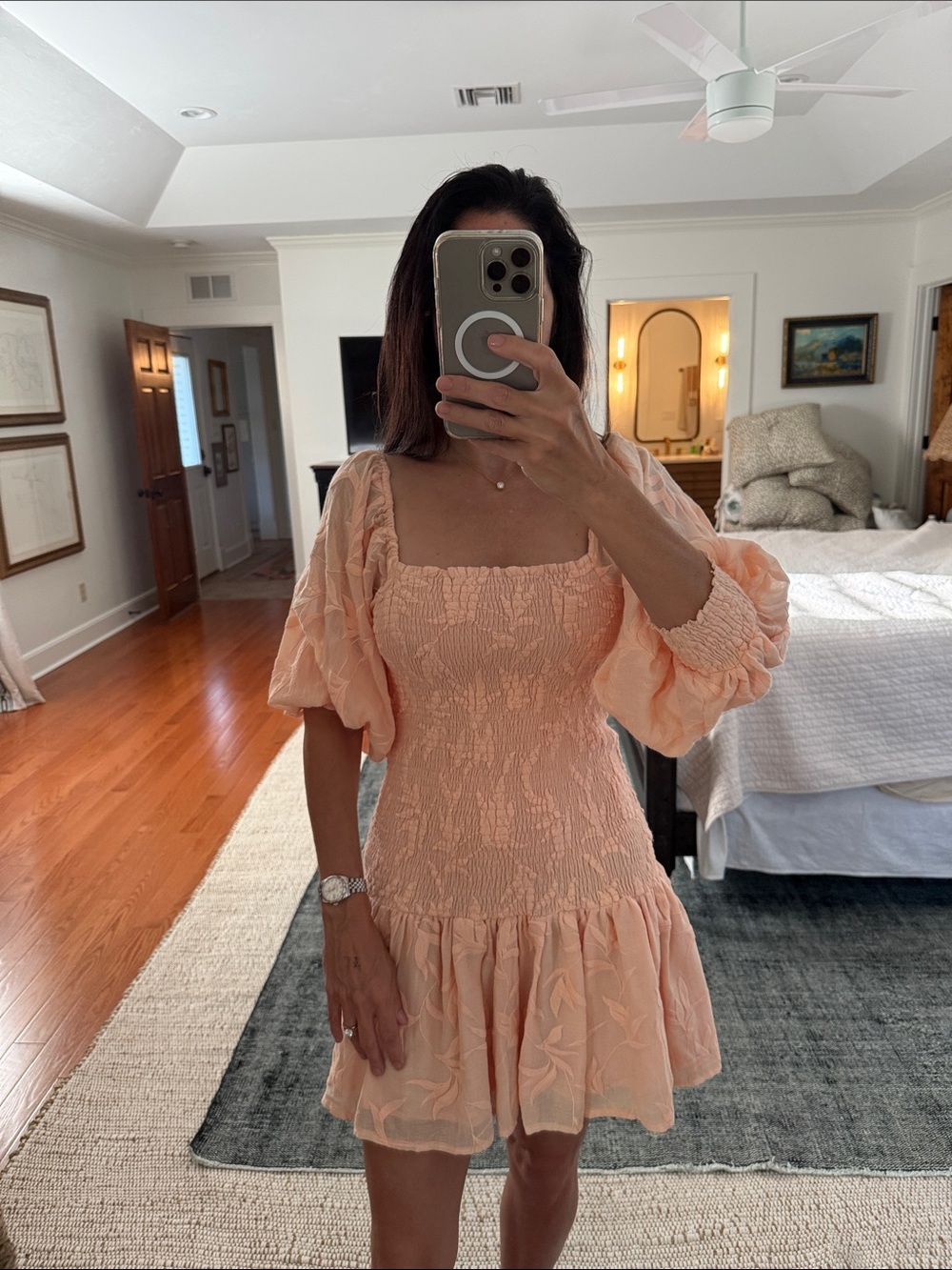Jen's Pirate Booty Peach Puff-Sleeve Smocked Mini Dress Medium